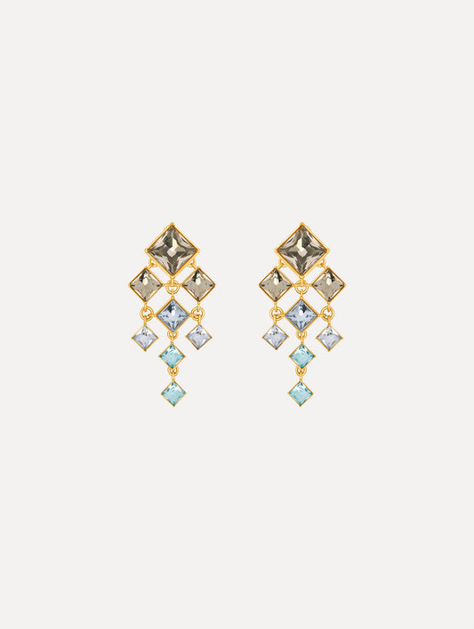 The Square-Cut Rhinestone Chandelier Clip-On Earrings in Sapphire Blue. Front View.
