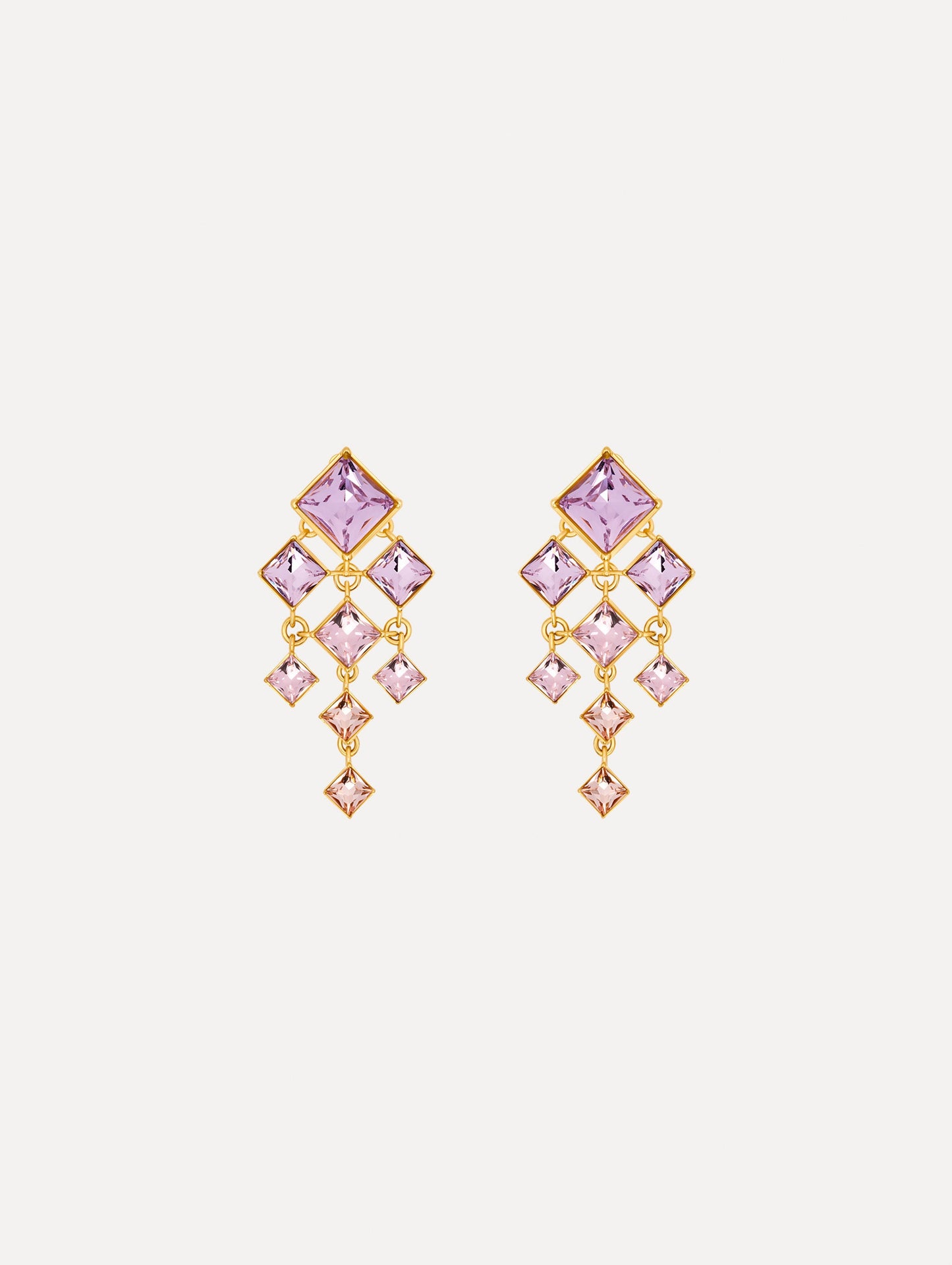 The Square-Cut Rhinestone Chandelier Clip-On Earrings in Violet. Front View.