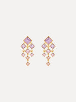 The Square-Cut Rhinestone Chandelier Clip-On Earrings in Violet. Front View.