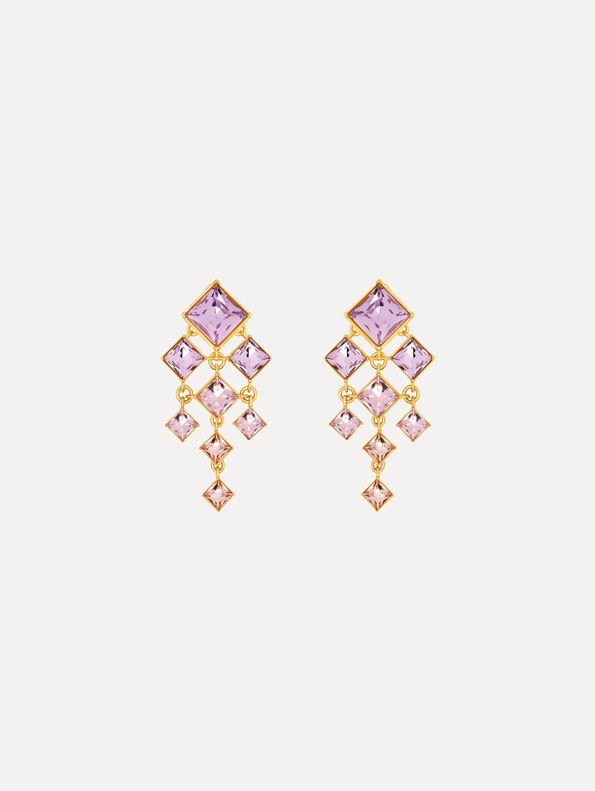 The Square-Cut Rhinestone Chandelier Clip-On Earrings in Violet. Front View.