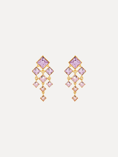 The Square-Cut Rhinestone Chandelier Clip-On Earrings in Violet. Front View.