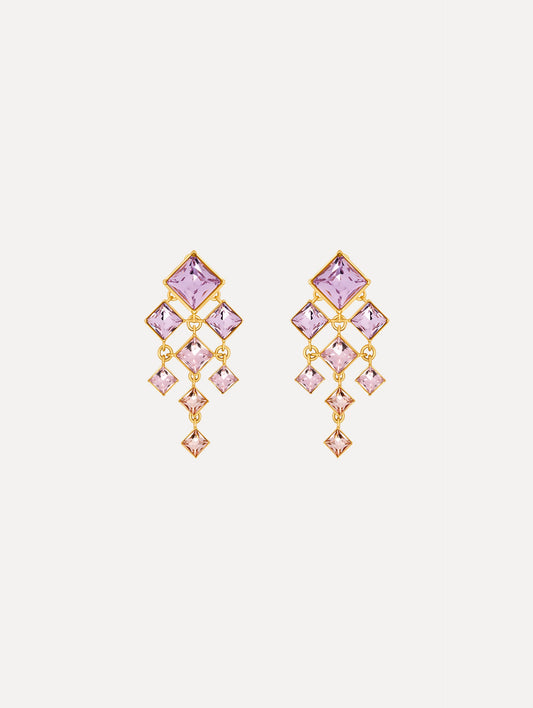 The Square-Cut Rhinestone Chandelier Clip-On Earrings in Violet. Front View.