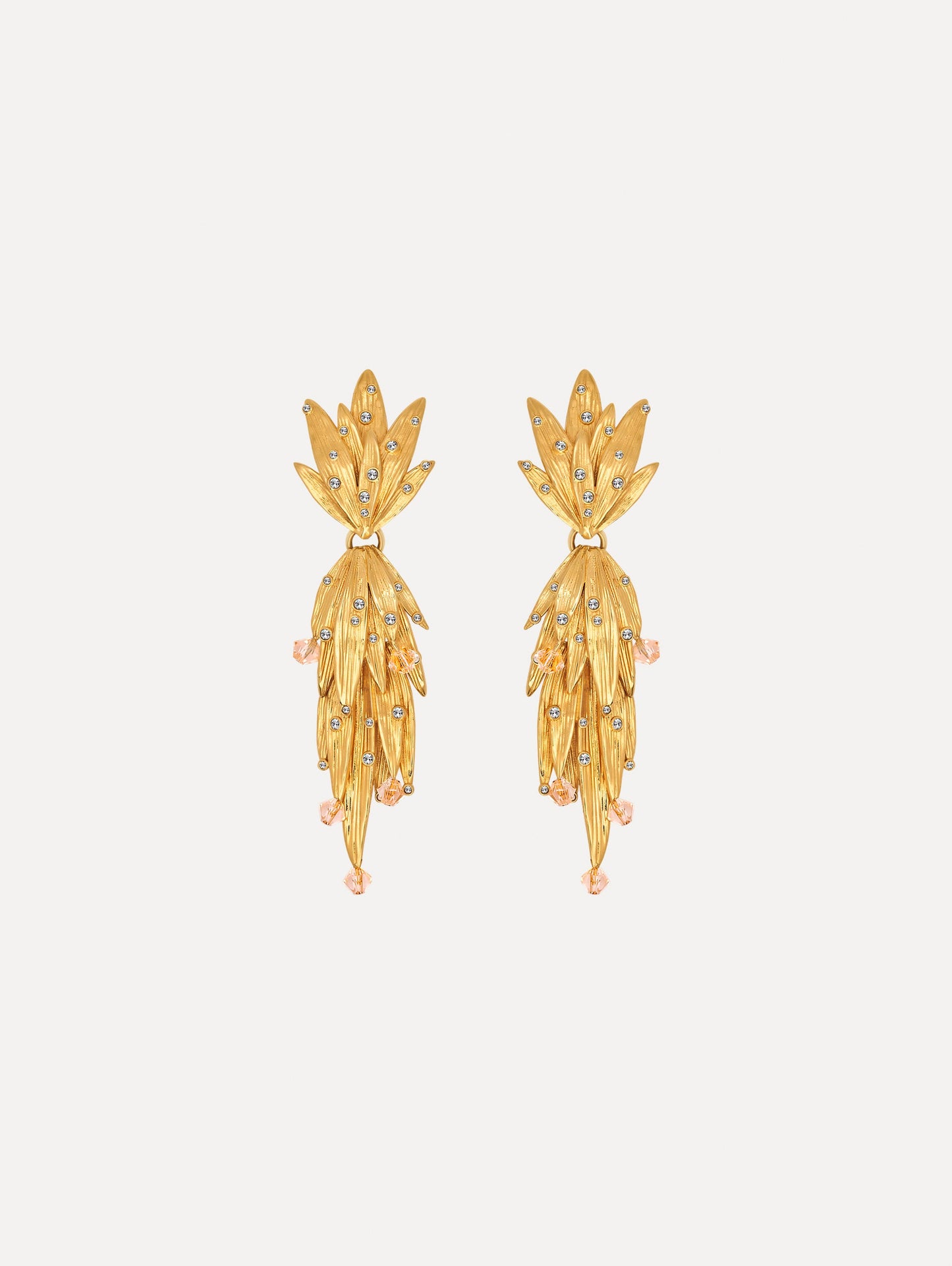 The Palm Leaf Clip-On Earrings in Gold with Crystal Accents. Front View.