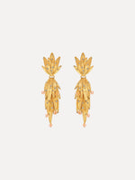 The Palm Leaf Clip-On Earrings in Gold with Crystal Accents. Front View.