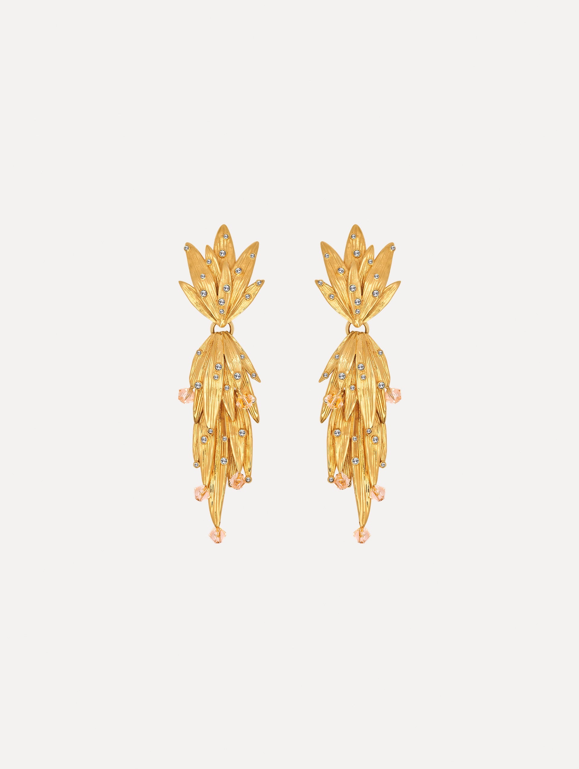 The Palm Leaf Clip-On Earrings in Gold with Crystal Accents. Front View.