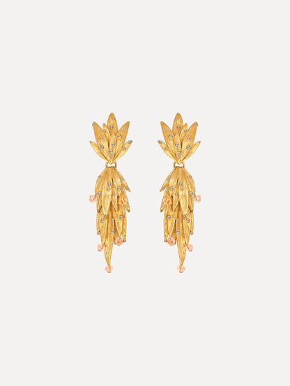 The Palm Leaf Clip-On Earrings in Gold with Crystal Accents. Front View.
