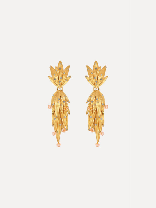 The Palm Leaf Clip-On Earrings in Gold with Crystal Accents. Front View.