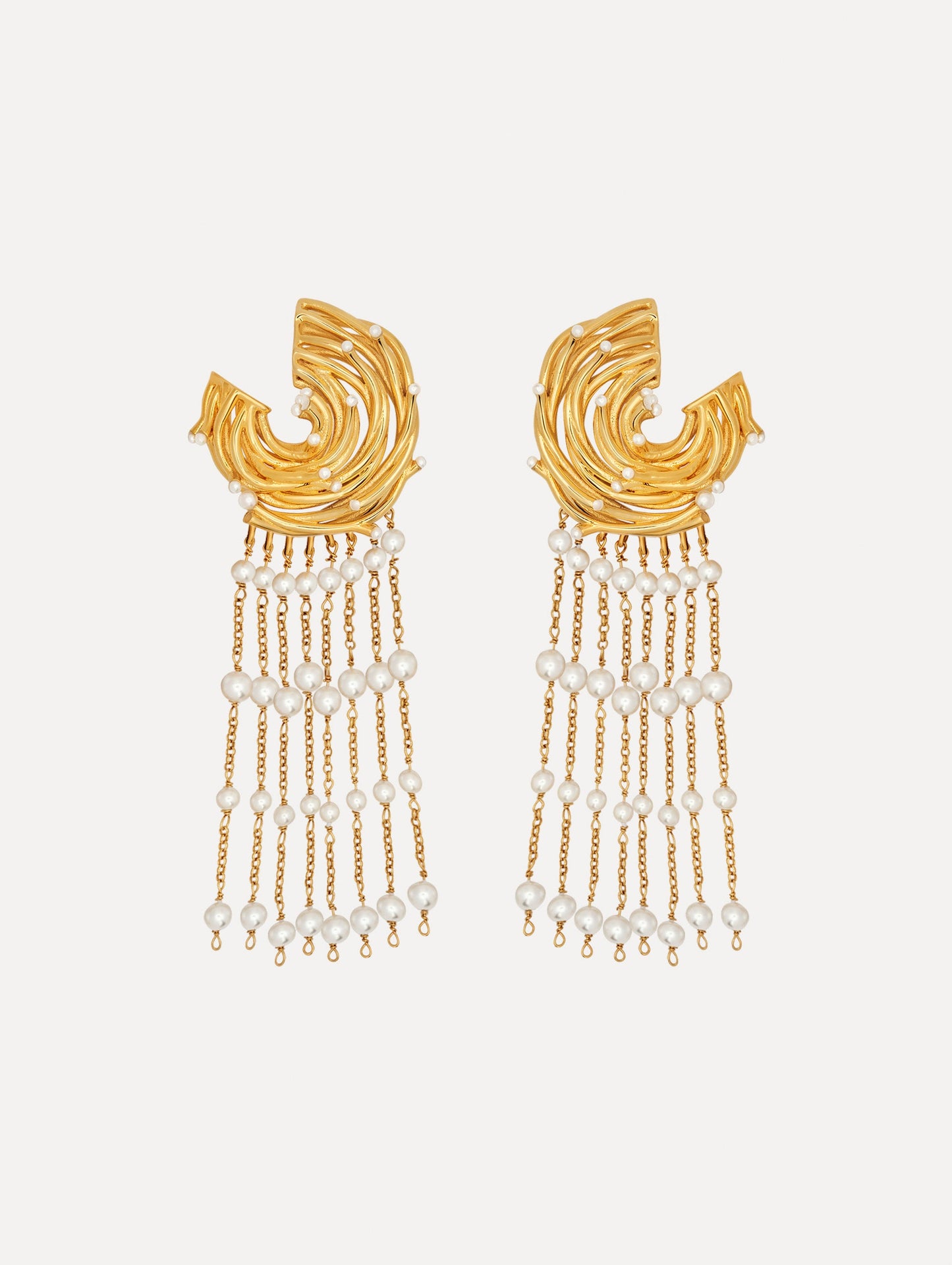 The Pearl Nest Chandelier Clip-On Earrings in Gold. Front View.