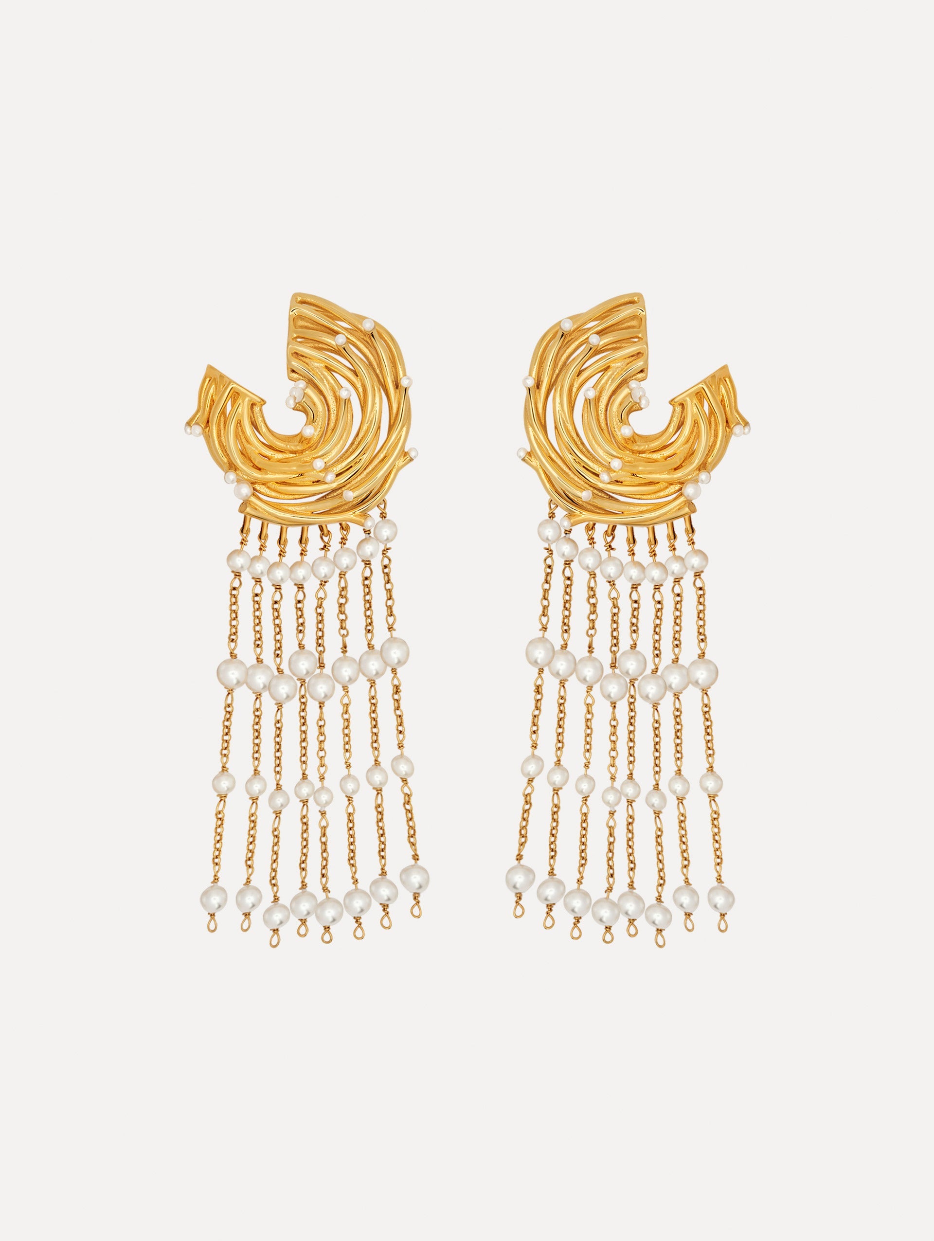 The Pearl Nest Chandelier Clip-On Earrings in Gold. Front View.