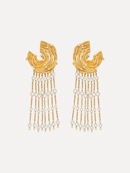 The Pearl Nest Chandelier Clip-On Earrings in Gold. Front View.