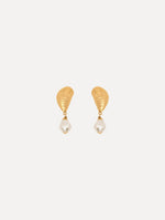 The Mussel Pearl Drop Clip-On Earrings in Gold with Pearl Accent. Front View.