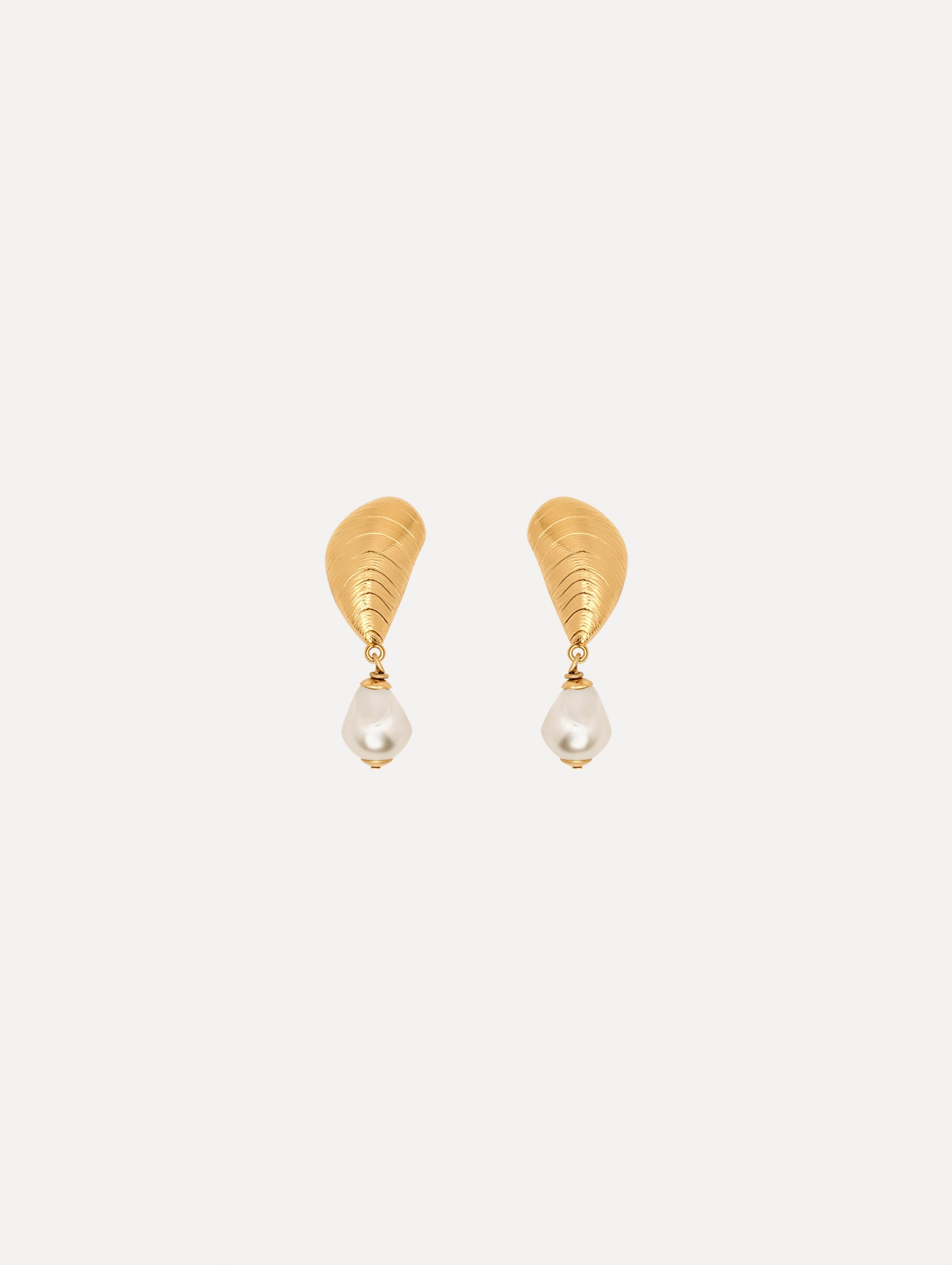 The Mussel Pearl Drop Clip-On Earrings in Gold with Pearl Accent. Front View.