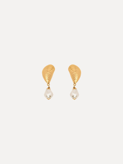 The Mussel Pearl Drop Clip-On Earrings in Gold with Pearl Accent. Front View.
