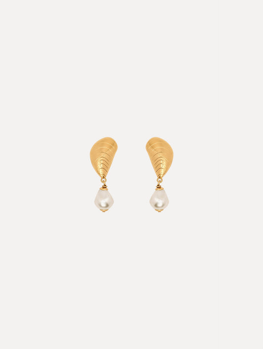 The Mussel Pearl Drop Clip-On Earrings in Gold with Pearl Accent. Front View.
