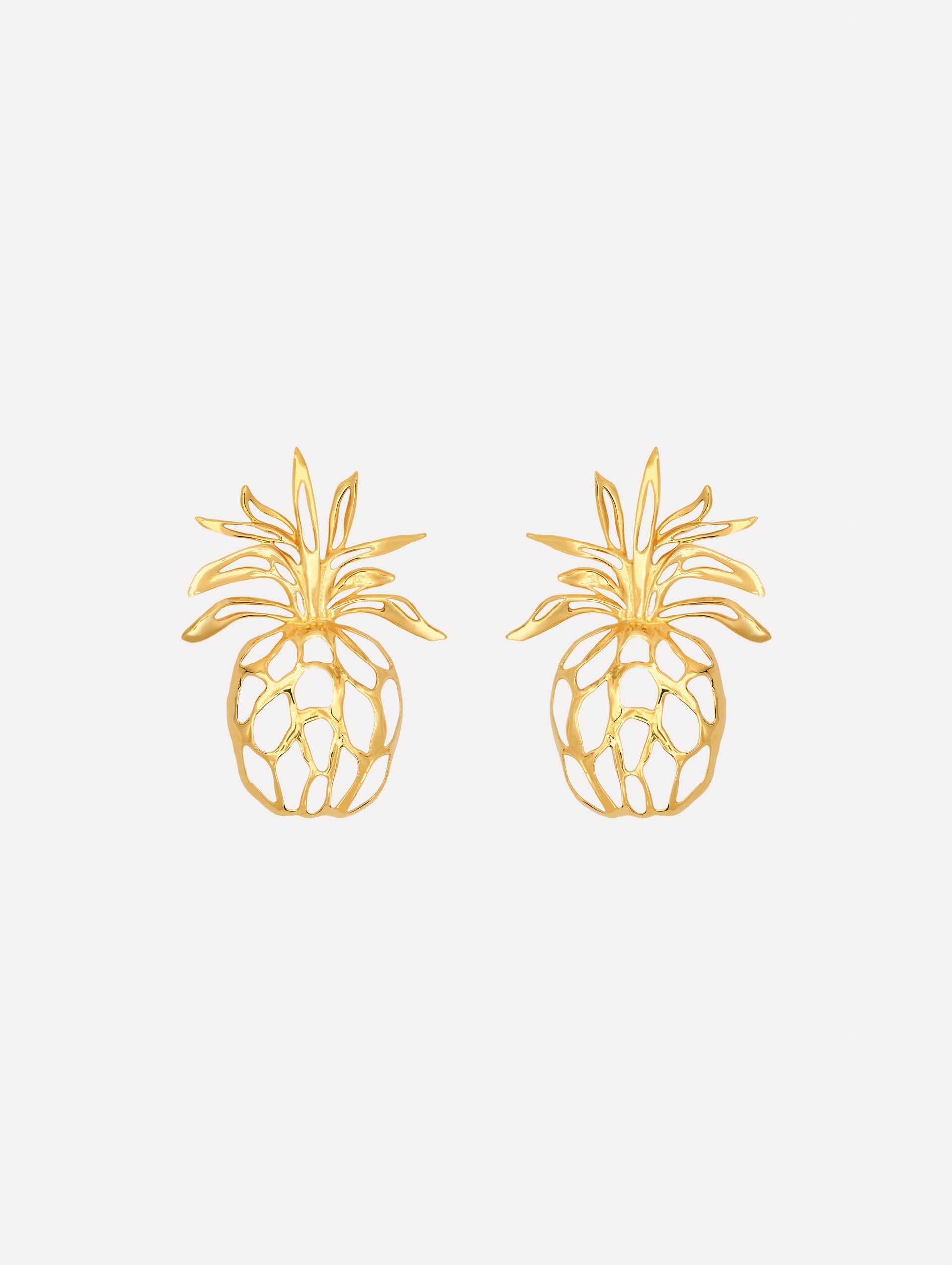 The Openwork Pineapple Clip-On Earrings. Gold Pineapple-shaped Silhouette. Front View.
