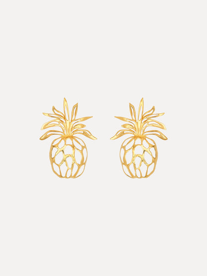 The Openwork Pineapple Clip-On Earrings. Gold Pineapple-shaped Silhouette. Front View.