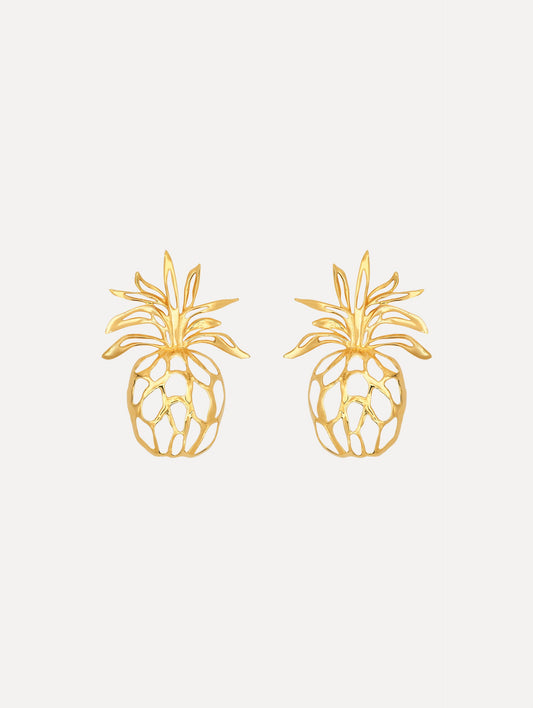 The Openwork Pineapple Clip-On Earrings. Gold Pineapple-shaped Silhouette. Front View.