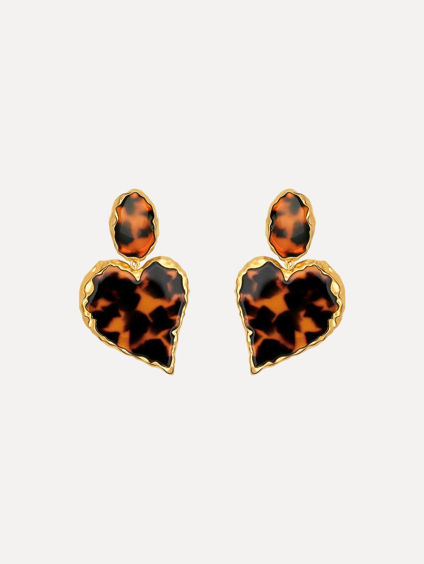 The Tortoise Stone Heart Clip-On Earrings in Gold and Tortoise. Front View.