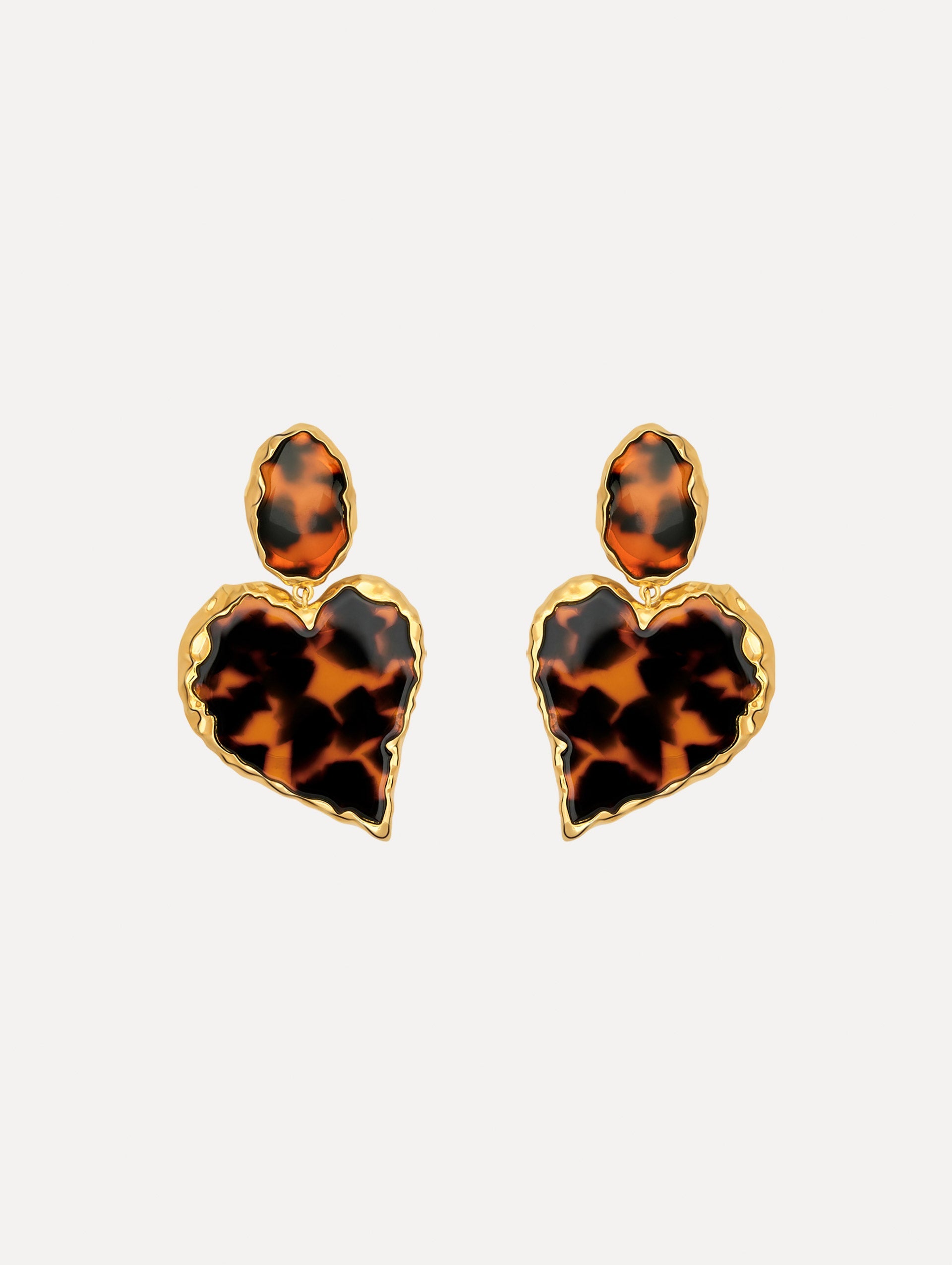 The Tortoise Stone Heart Clip-On Earrings in Gold and Tortoise. Front View.