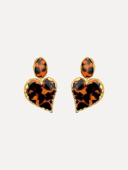The Tortoise Stone Heart Clip-On Earrings in Gold and Tortoise. Front View.