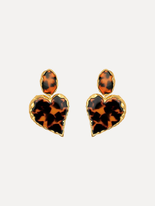 The Tortoise Stone Heart Clip-On Earrings in Gold and Tortoise. Front View.