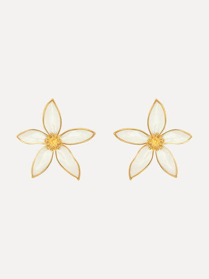 The Orange Blossom Clip-On Earrings in White. Front View.