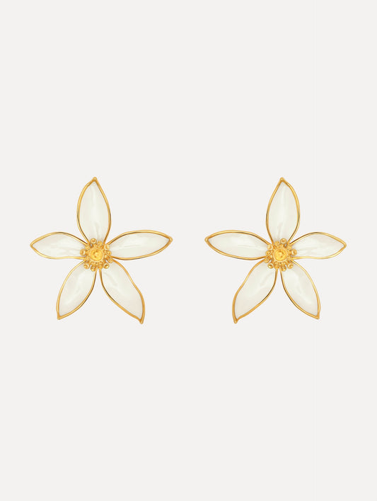 The Orange Blossom Clip-On Earrings in White. Front View.