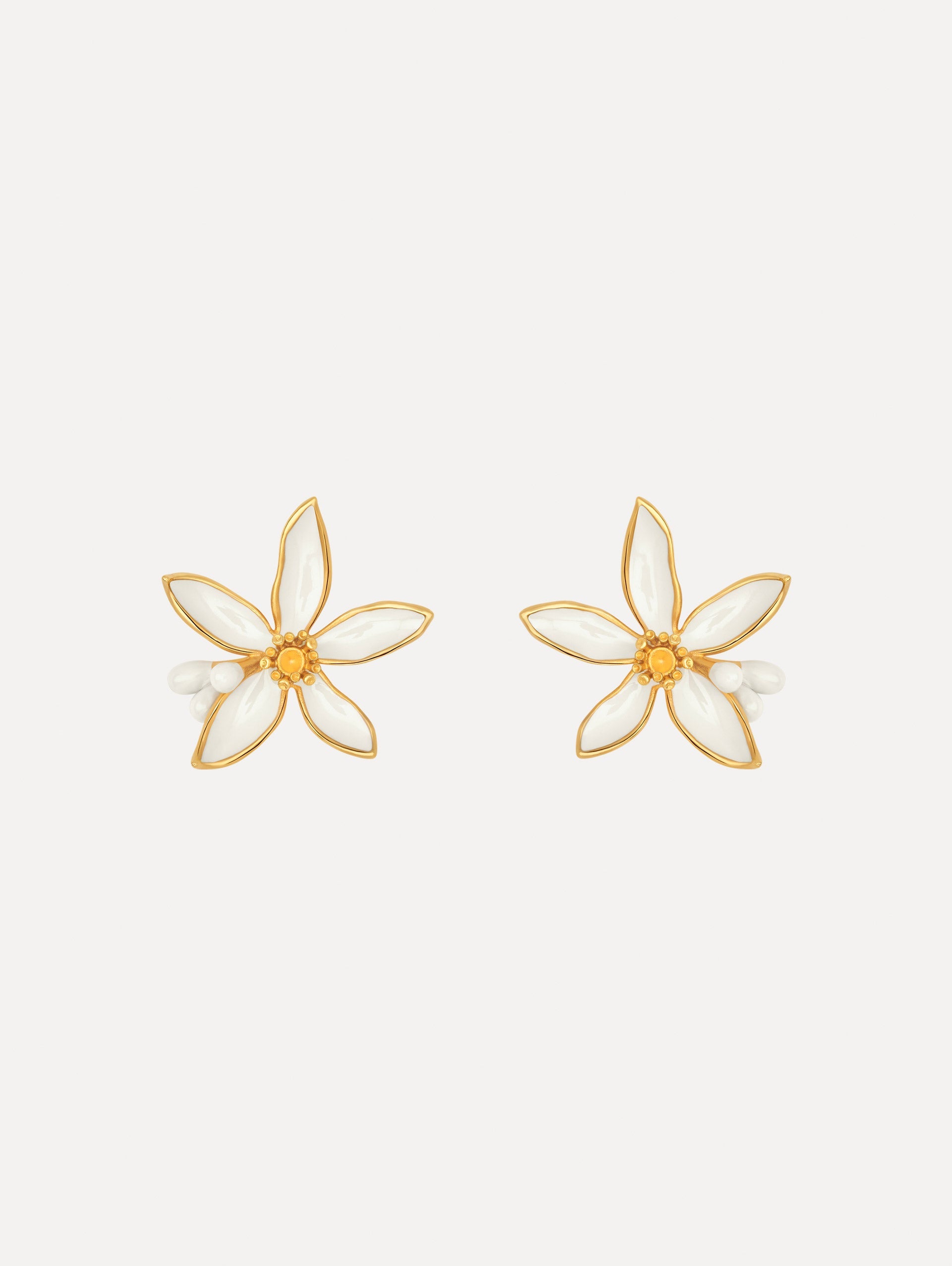 The Orange Blossom Earrings in White. Front View.