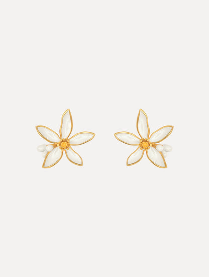 The Orange Blossom Earrings in White. Front View.