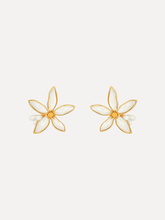 The Orange Blossom Earrings in White. Front View.