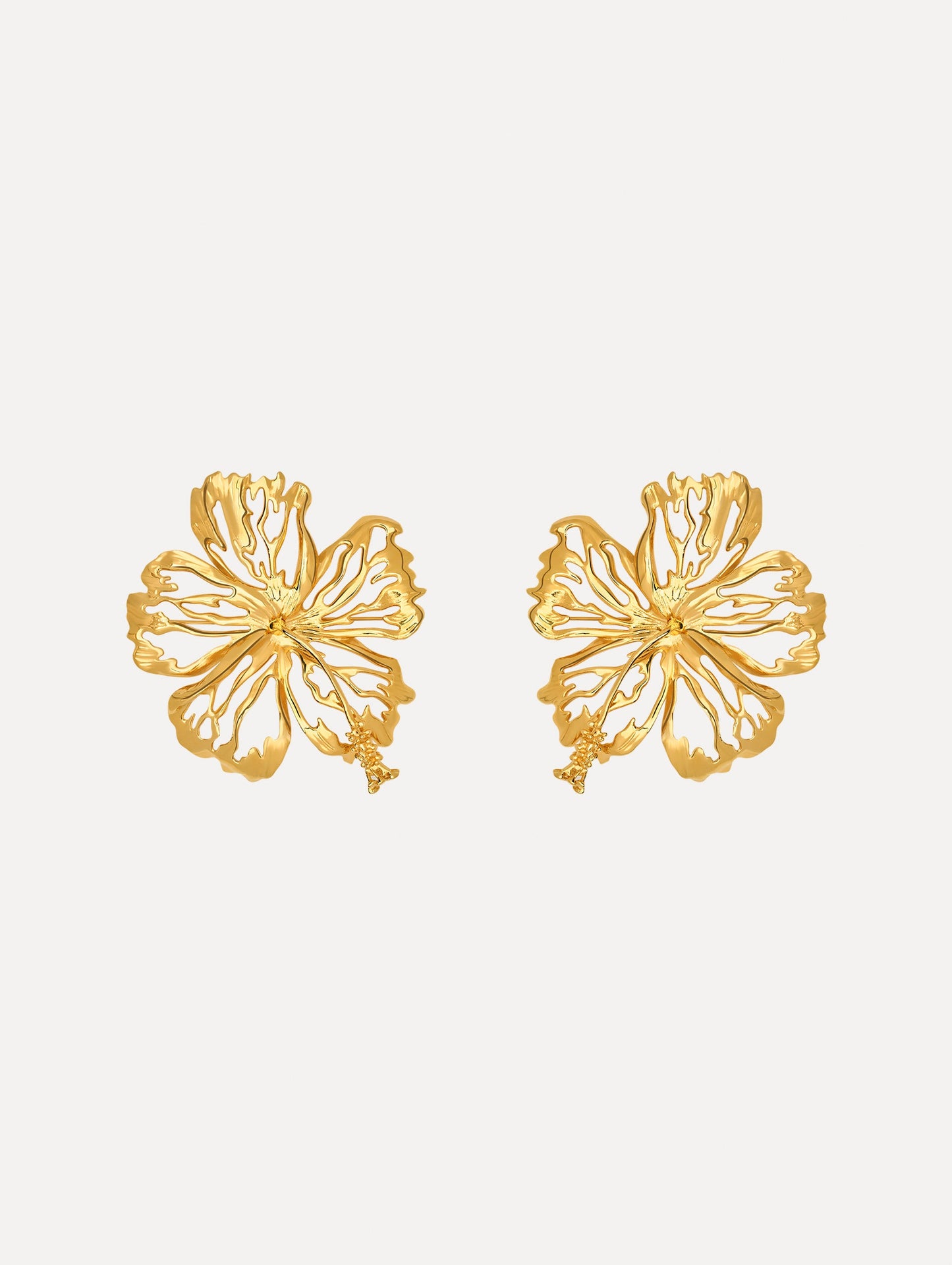 The Openwork Hibiscus Earrings in Gold. Front View.