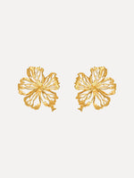 The Openwork Hibiscus Earrings in Gold. Front View.