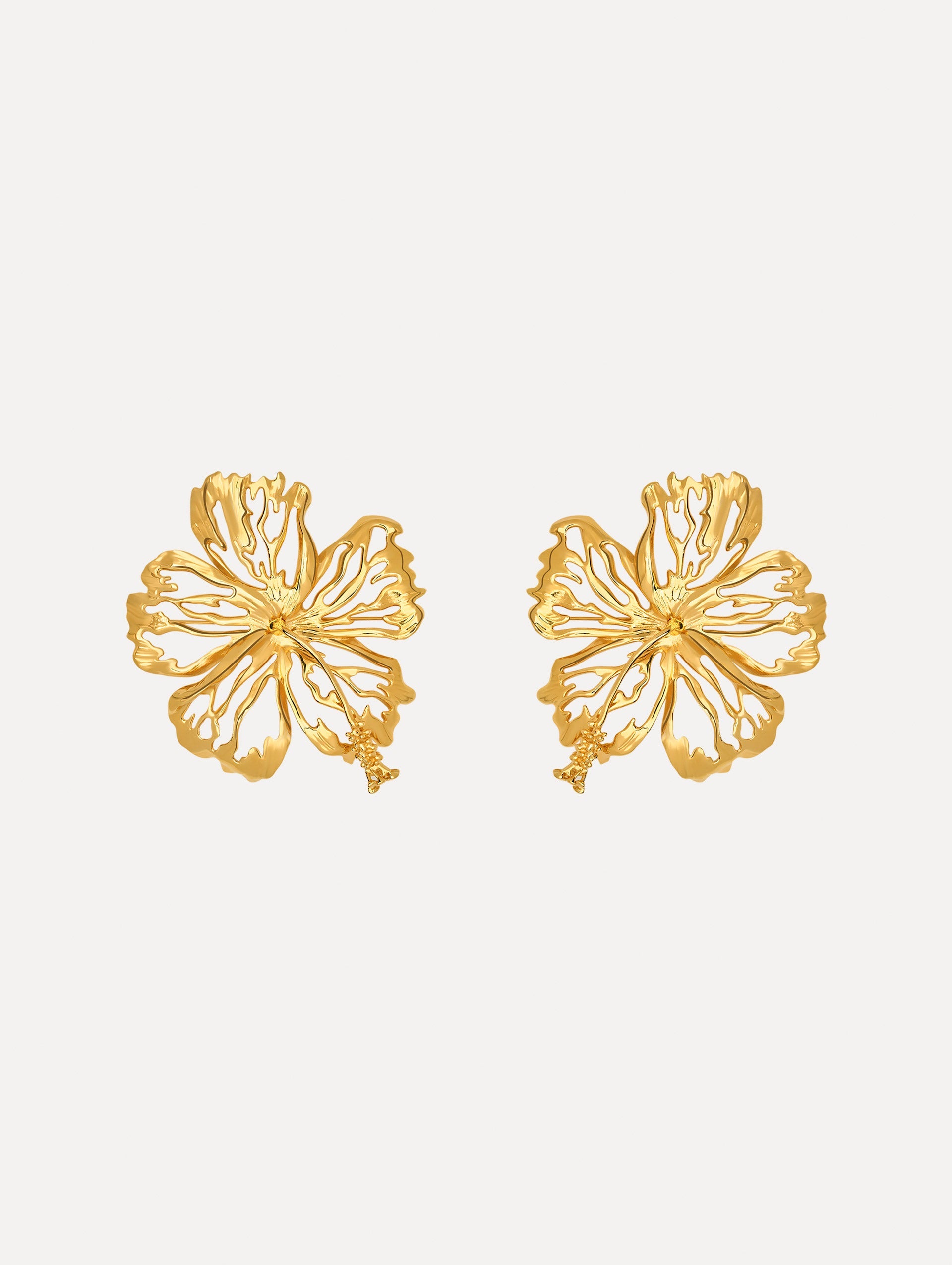 The Openwork Hibiscus Earrings in Gold. Front View.