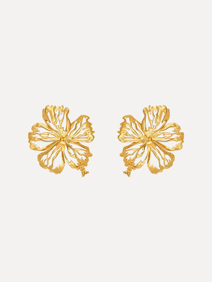 The Openwork Hibiscus Earrings in Gold. Front View.