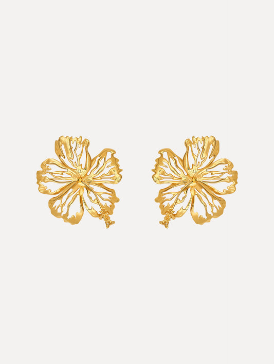 The Openwork Hibiscus Earrings in Gold. Front View.