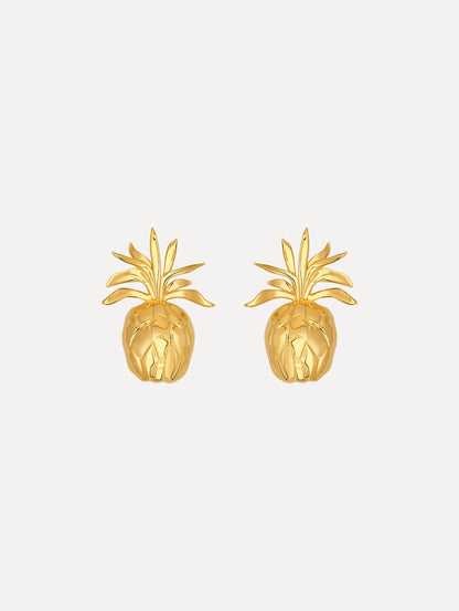 Large Gold Pineapple Cutout Clip-On Earrings. Front View.