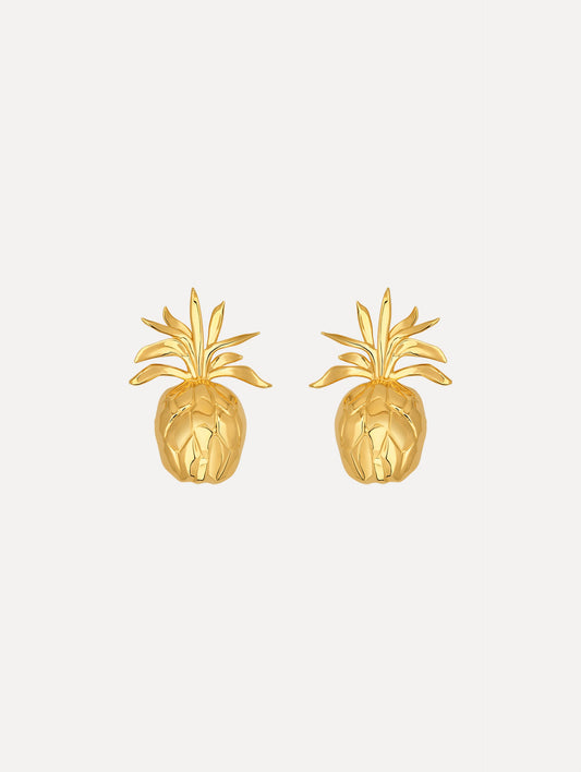 Large Gold Pineapple Cutout Clip-On Earrings. Front View.