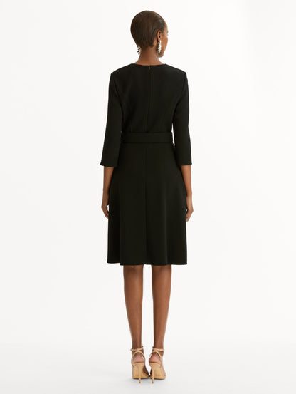 Split-Sleeve Wool-Blend Dress in Black. Back View.