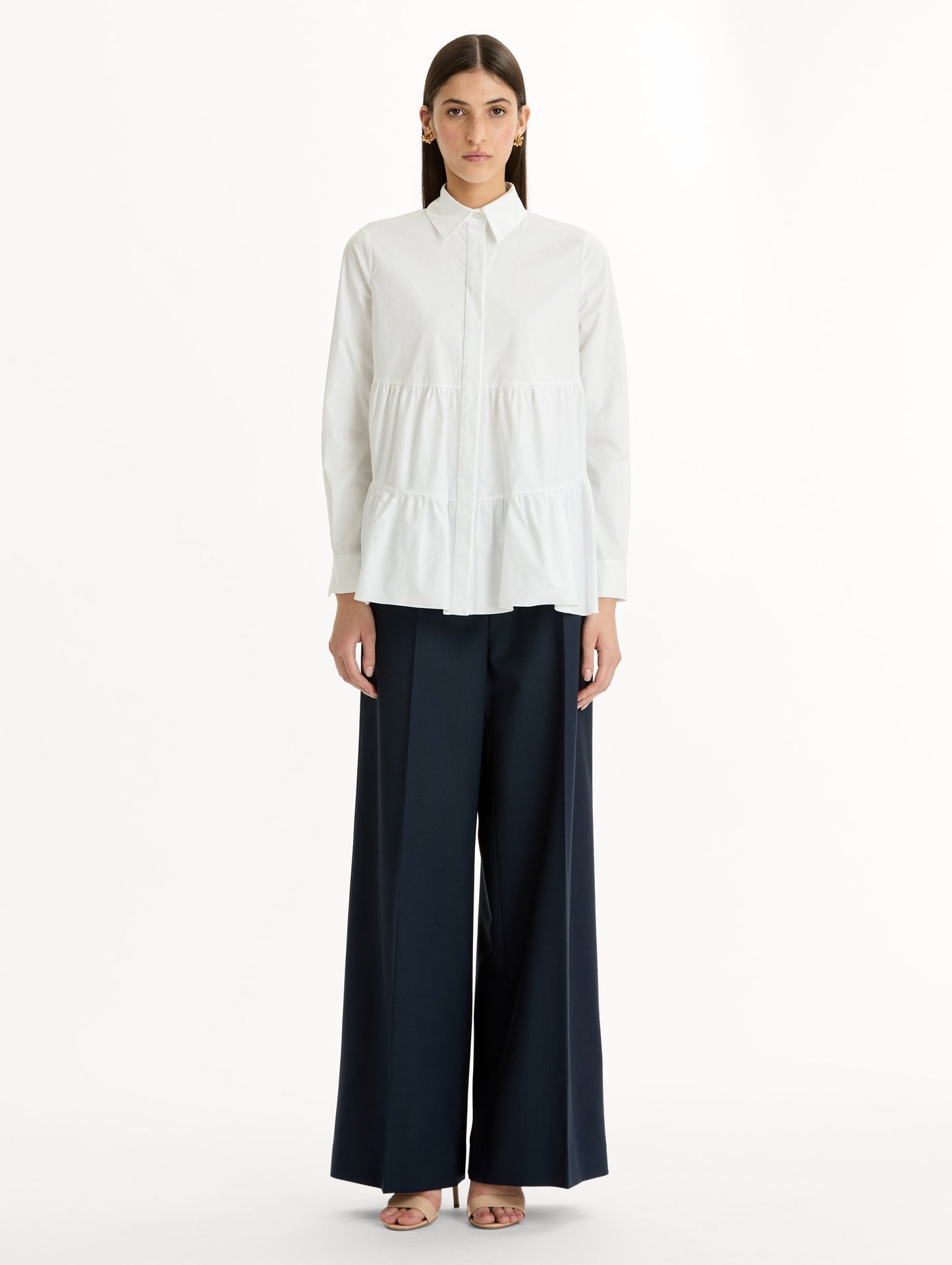 Tiered Cotton Poplin Blouse in White. Front View.