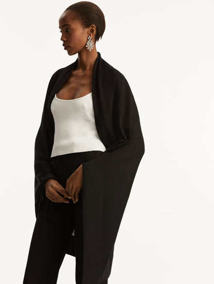 Wool-Blend Black Shawl, Styled with White Tank and Black Pants Front View