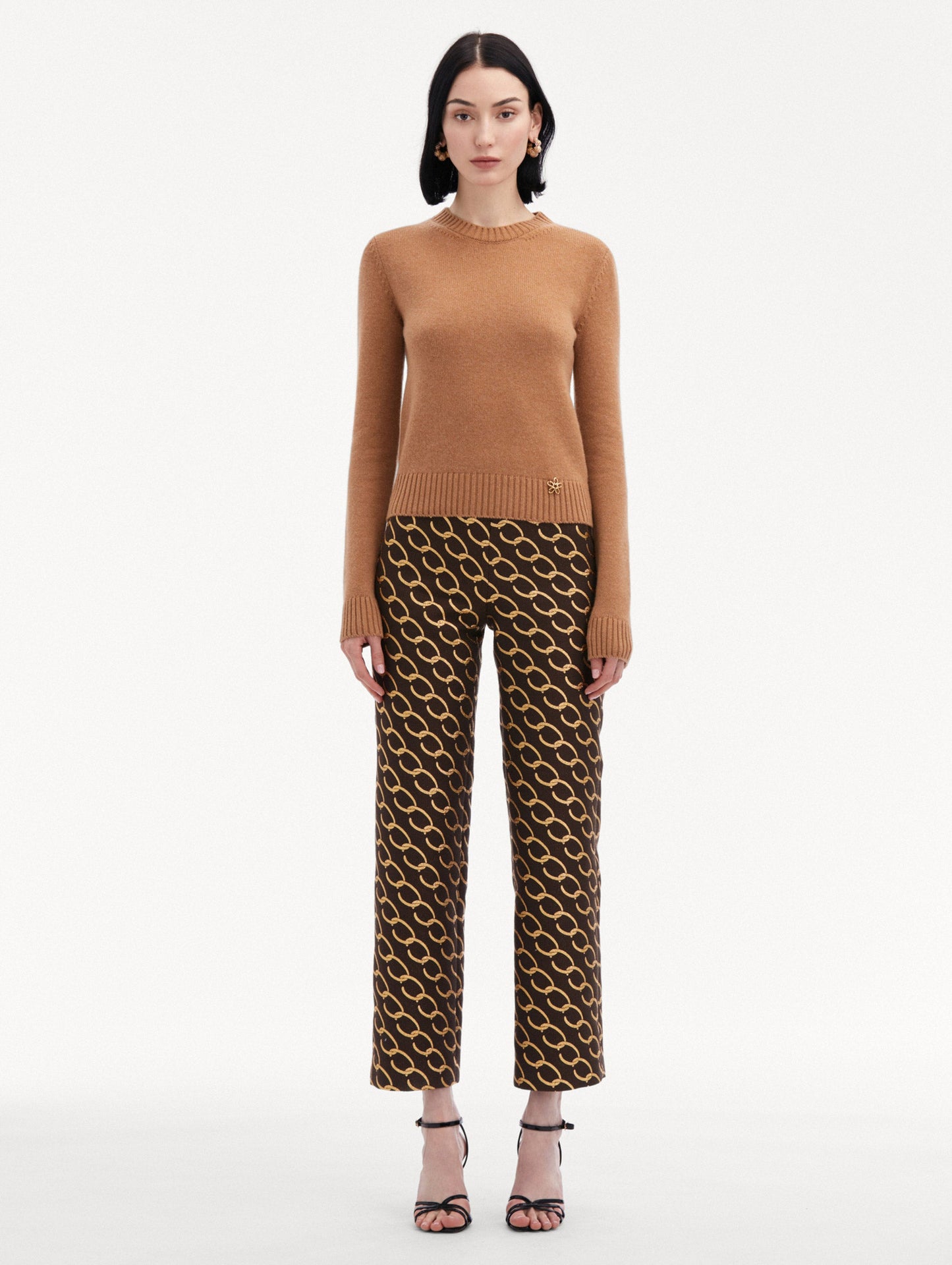 Camel O Flower Cashmere Pullover Paired with Oscar Chain-Link Pants Front View