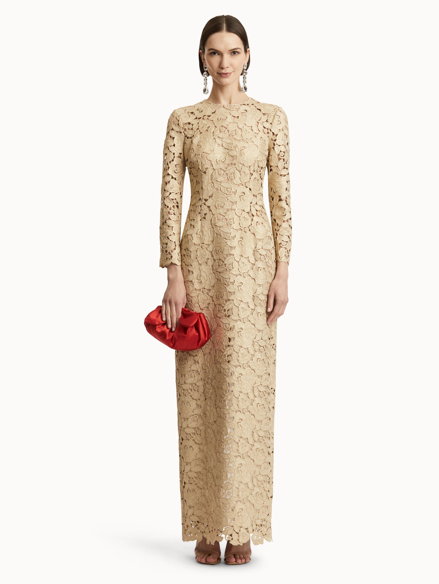 Gold Foil Rose Guipure Gown with Long Sleeves Paired with Red Satin Clutch Front View