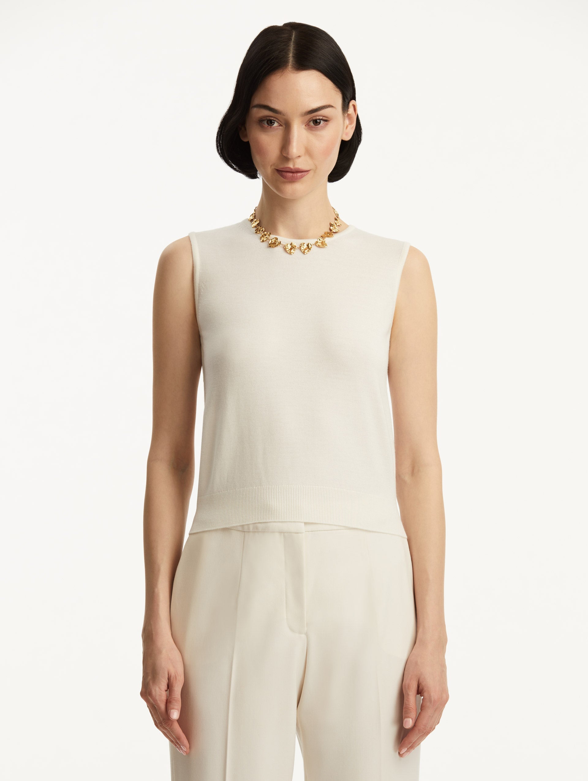 Wool-Blend Ivory Tank Styled with White Pants Front View