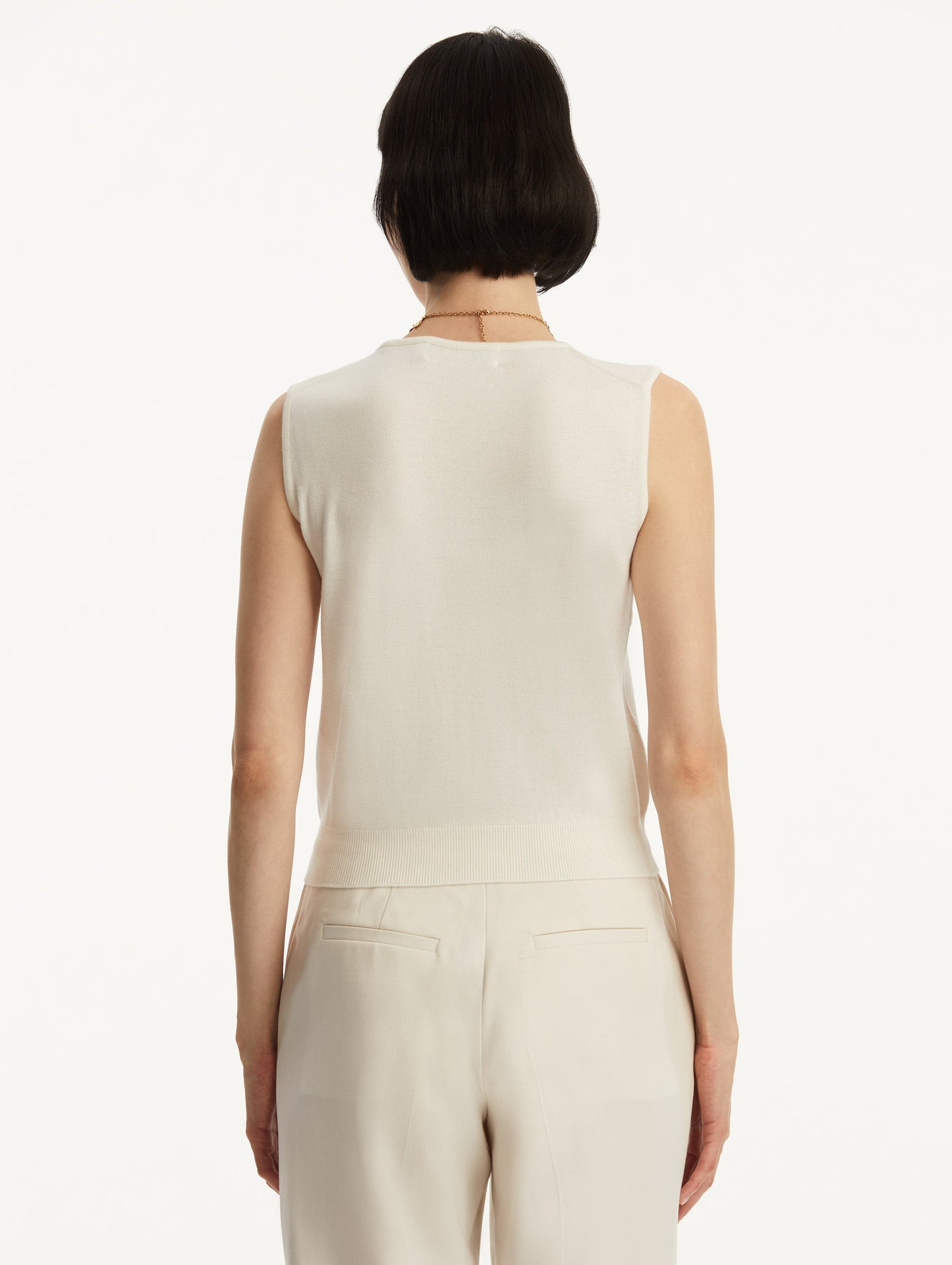 Wool-Blend Ivory Tank Styled with White Pants Back View