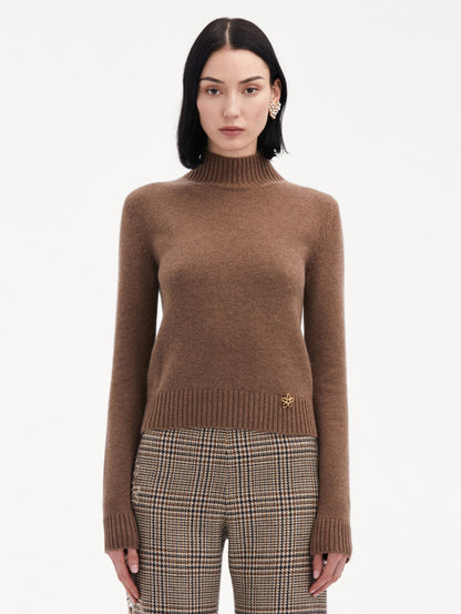 Brown O Flower Mock Neck Cashmere Pullover Paired with Plaid Pants Front View