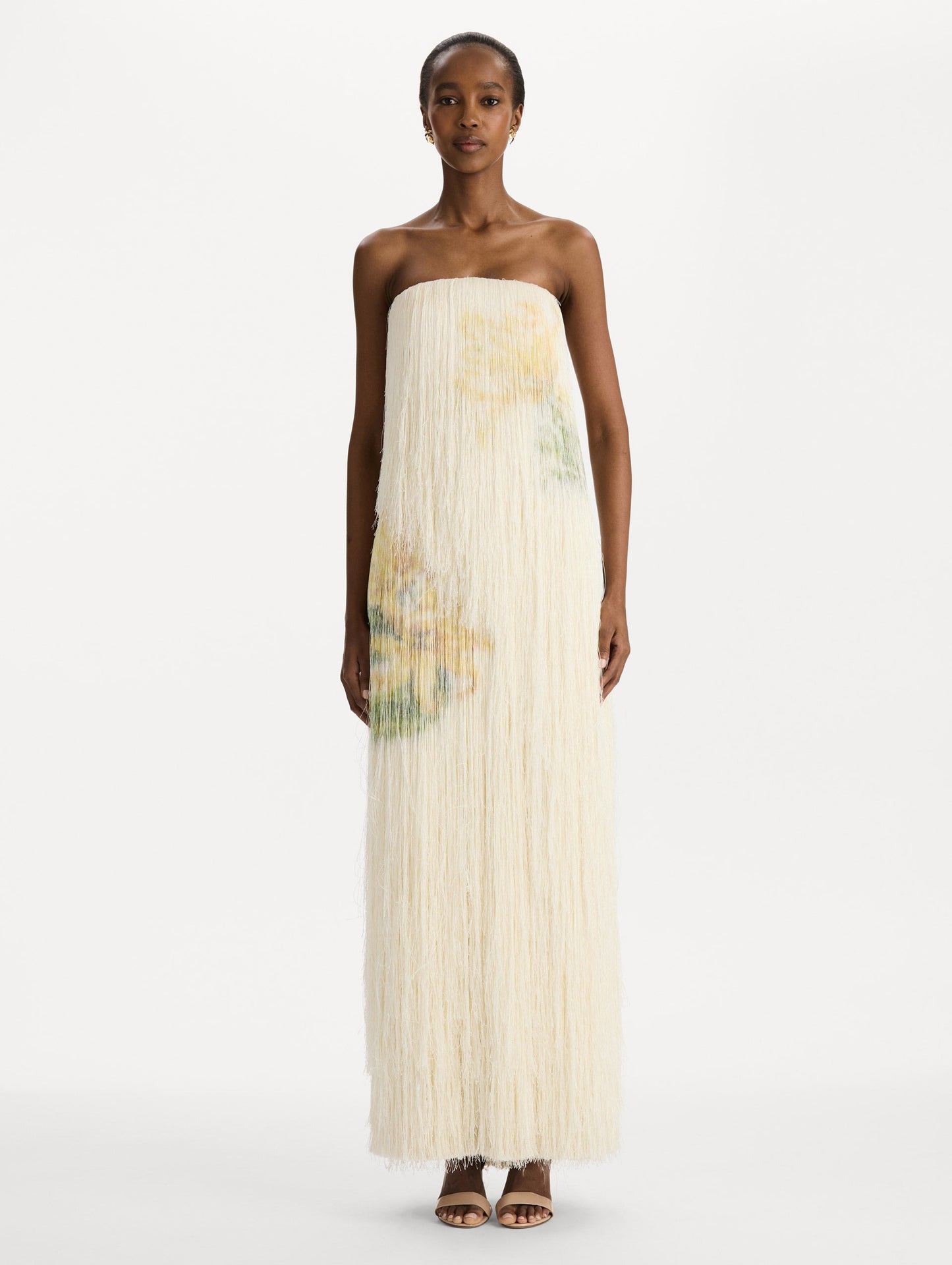 Chiné Dominican Mixed-Floral Beaded Fringe Dress in Ivory. Front view.