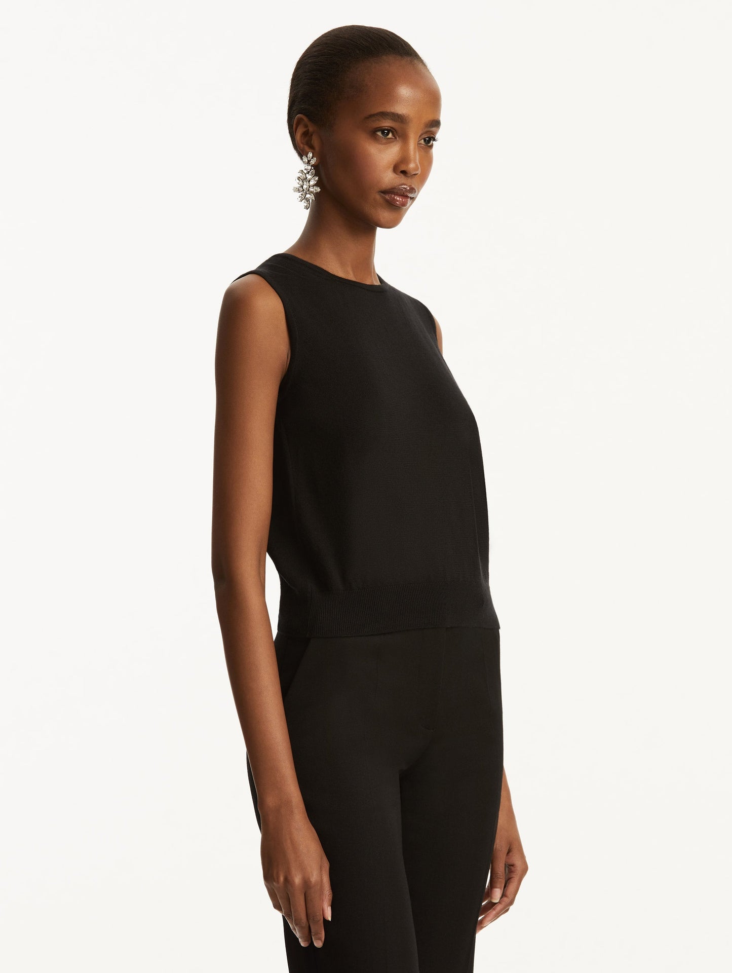 Wool-Blend Black Tank Styled with Black Pants Side View