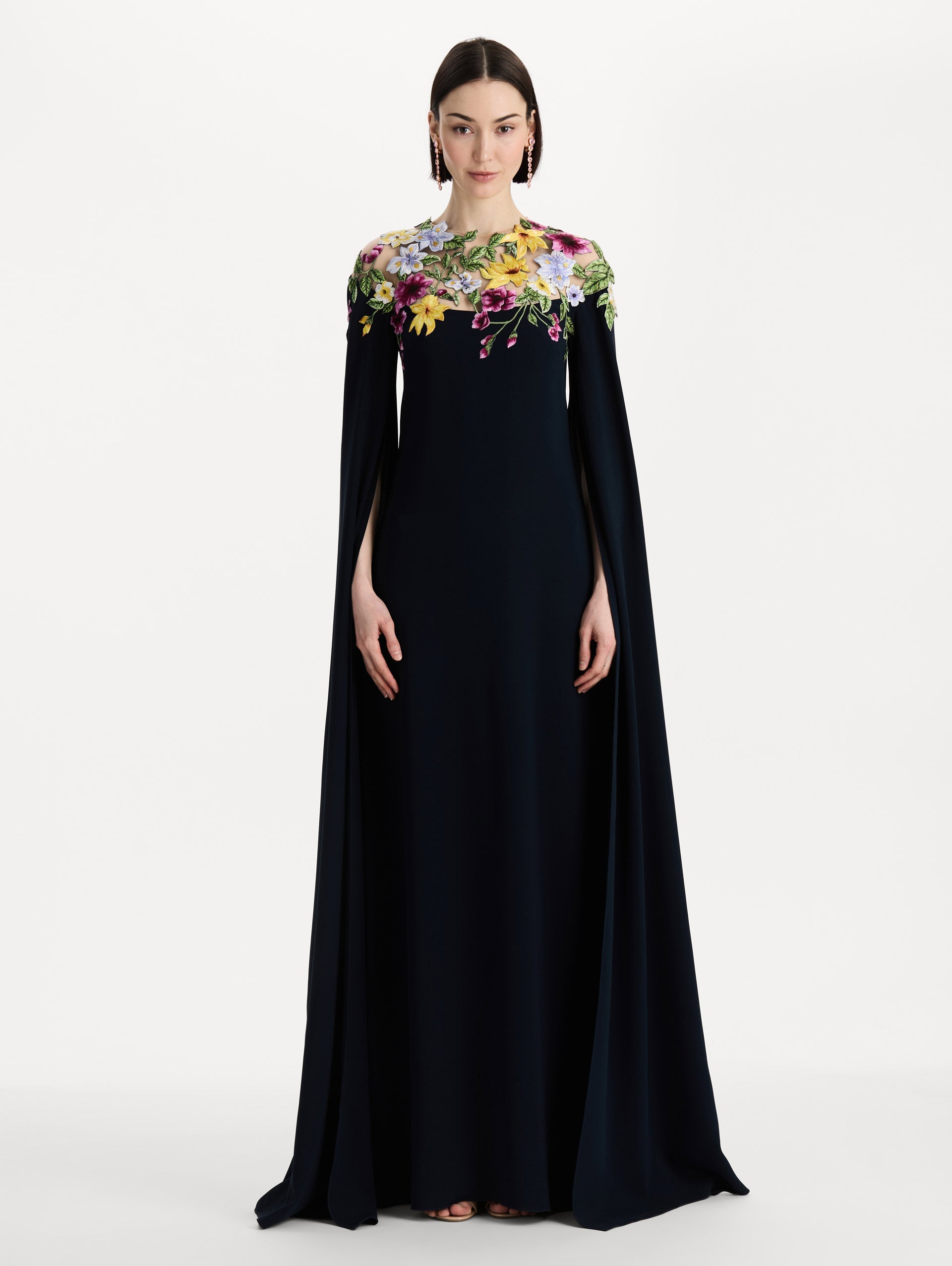 Dominican Mixed-Floral Caftan in navy. front view.