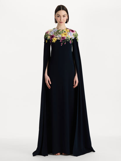 Dominican Mixed-Floral Caftan in navy. front view.