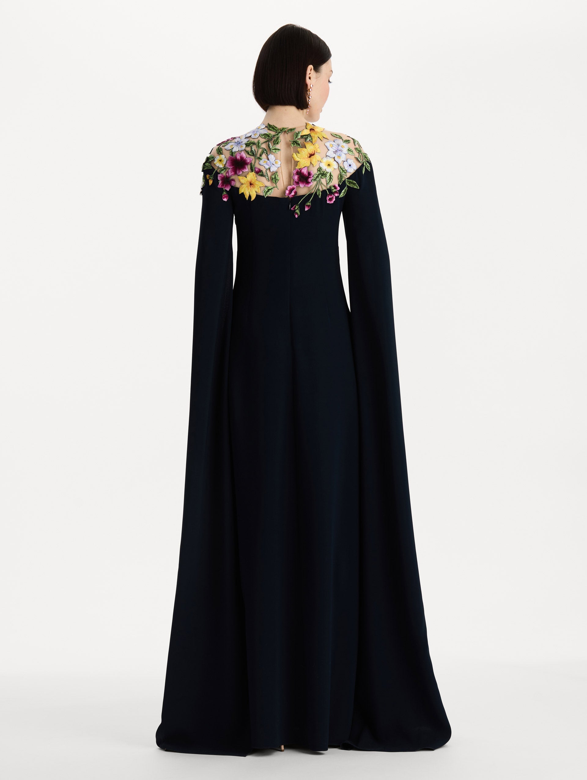 Dominican Mixed-Floral Caftan in navy. back view.